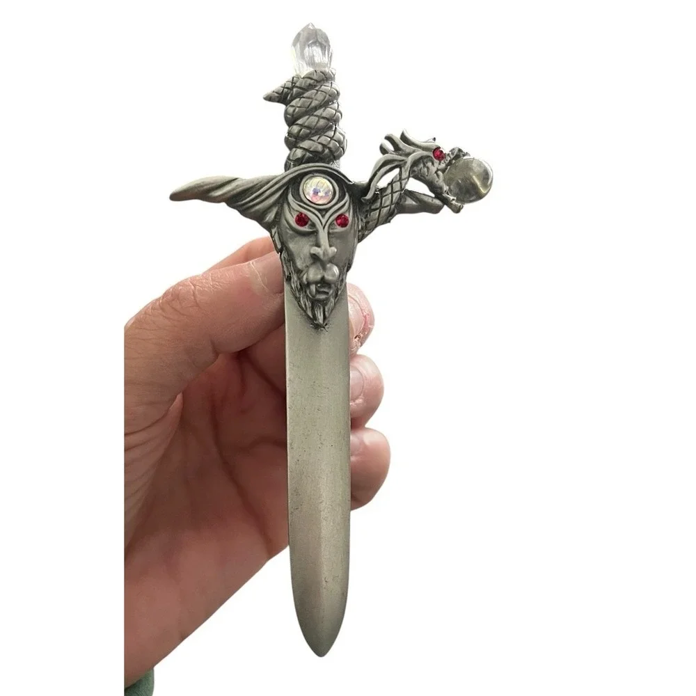 Vtg Serpentine Dragon & Wizard Sword Pewter Tone Pin Medieval Gothic JJ Jonette‎